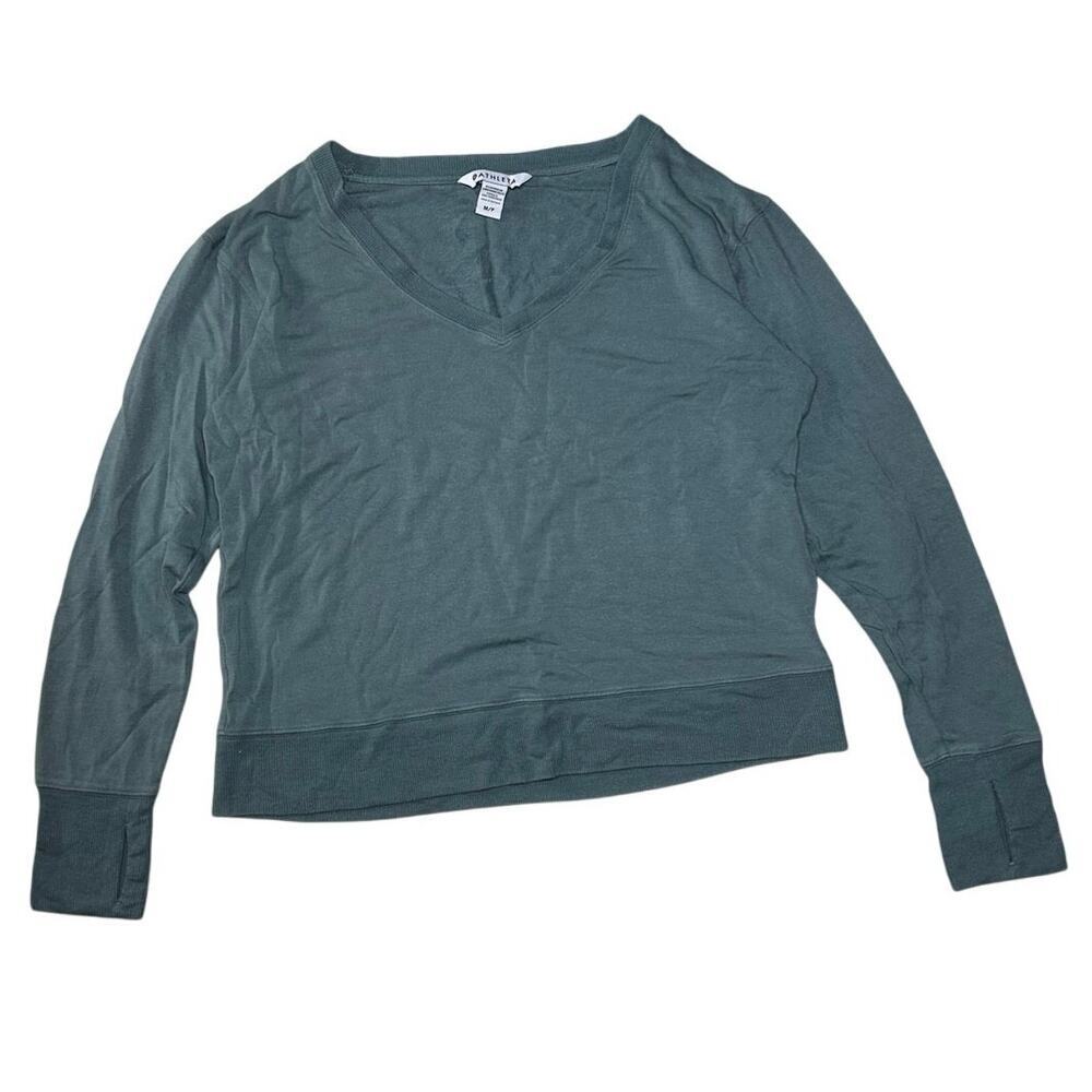 Athleta Sunrise V-Neck Sweatshirt Blue Modal Soft stretchy Thumbholes Petite M